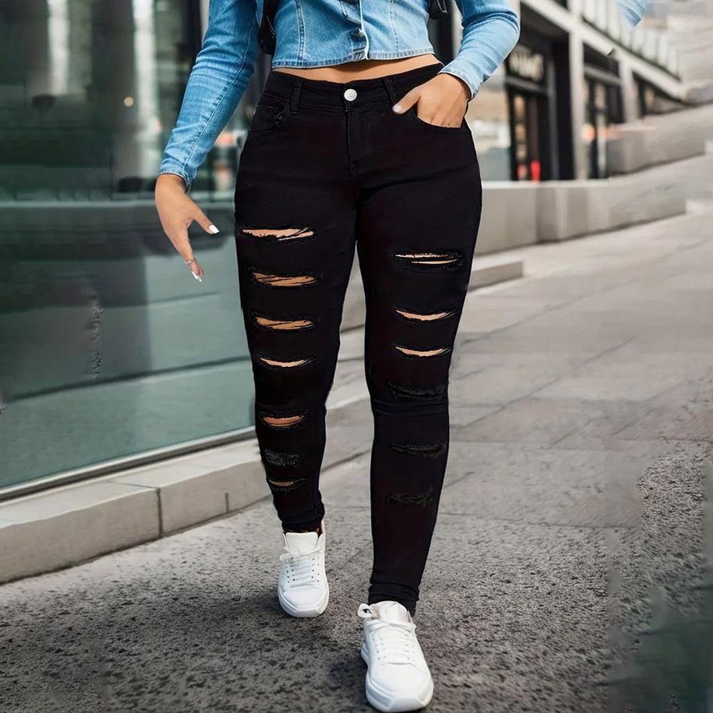 Ladies' Solid Color Casual Pants Versatile Slim Fit Straight Leg Denim Jeans With Holes