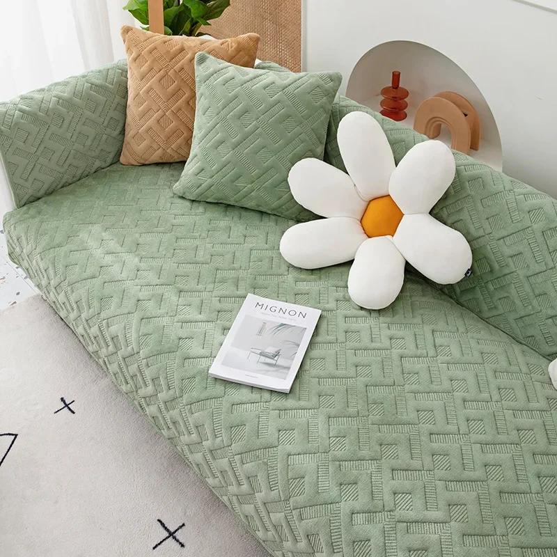 Leaf Patterned Plush Sofa Cushion Pillowcase Solid Color Anti Slip Winter Sofa Towel Wave Edged Diamond Patterned Sofa Cover
