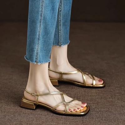 New Women's Sandals Cross-tied Low Heels Gladiator Sandal Gold Narrow Band Beach Shoes Summer Designer Sandalias Mujer