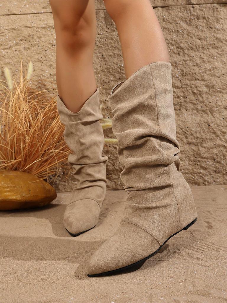 2025 new inner height-increasing suede pleated stacking boots women's 2025 autumn and winter new pointed western cowboy boots lapel