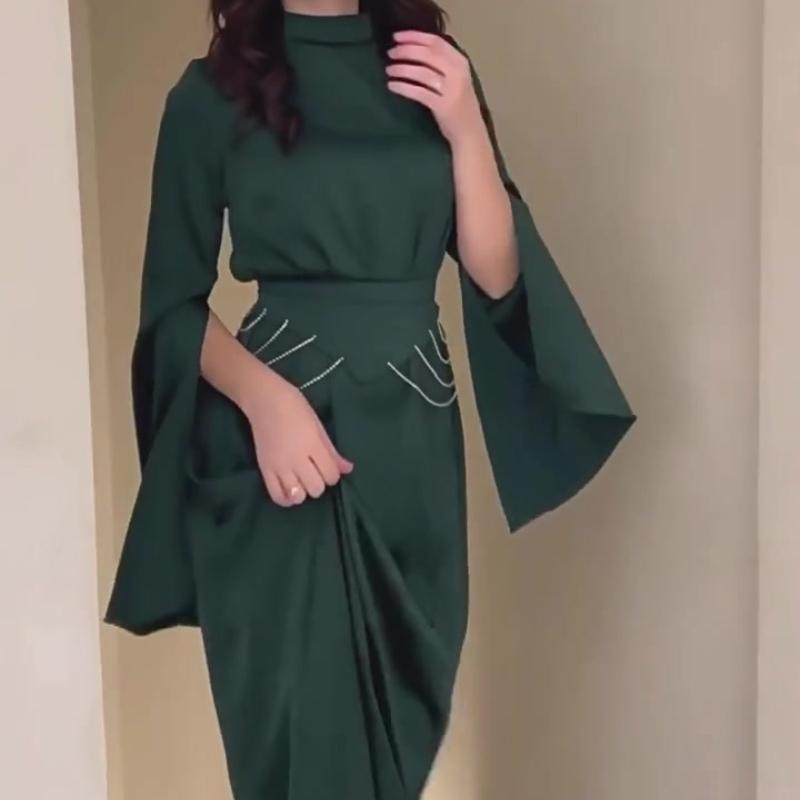 Elegantes langes Satinkleid für Damen, halbhoher Kragen, ausgestellte Ärmel, Partykleid, einfarbig, schmale Abendkleider für Damen