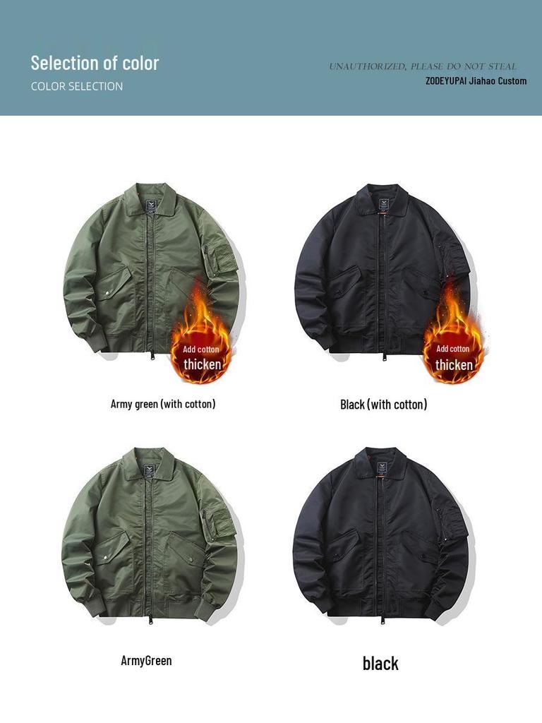 European & American Style Custom Printed Waterproof Flight Jacket with Stand Collar, Cotton Insulation, and Embroidered Logo.