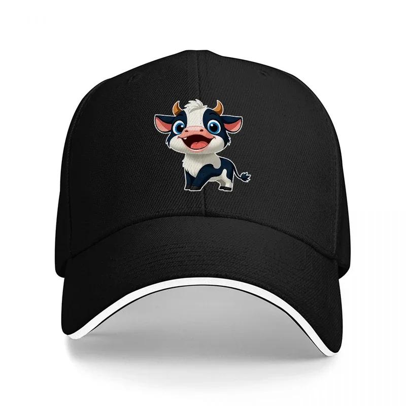 Süße Kuh Cartoon Figur Baseballkappe Schwarz Verstellbarer Hut für Erwachsene Modisches Tier Design Unisex Streetwear Accessoire