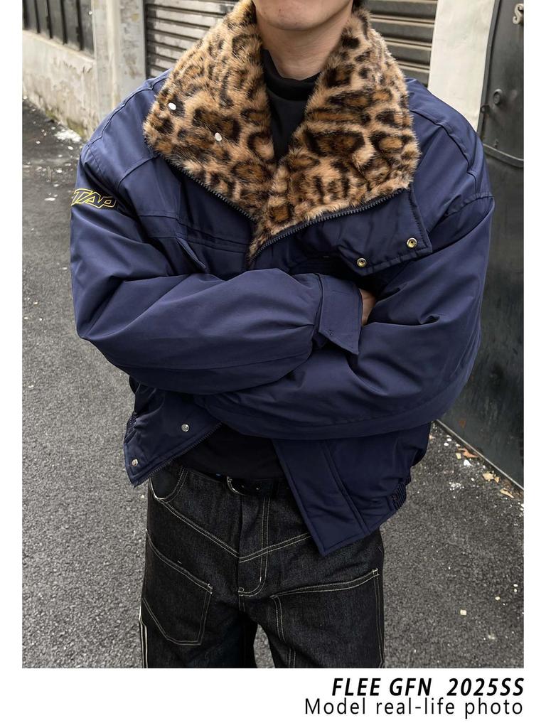 Winter 2026 American Street Style Loose Leopard Print Lapel Jacket with Fur Collar and Fleece Lining