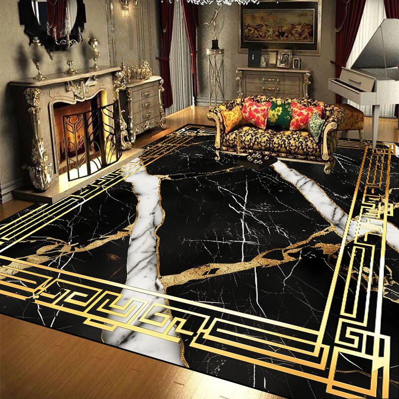 European Luxury Large Area Carpets Living Room Black Gold Marble Style Decoration Sofa Area Rugs for Bedroom Floor Mat Anti-slip