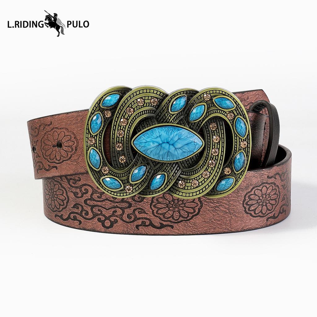 Bohemian Style Western Denim Embossed Pu Belt Jeans Fashion Waist Belt Women