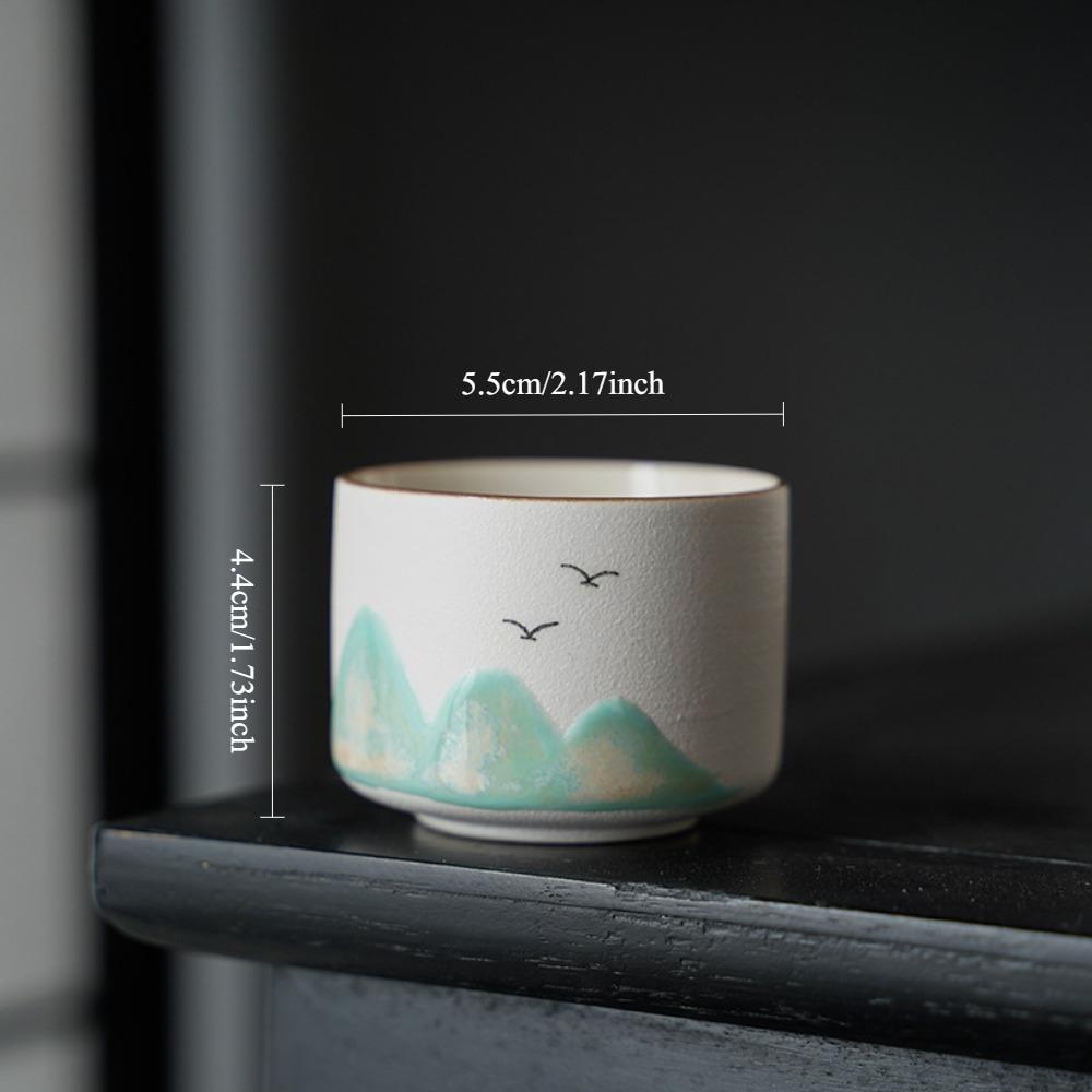 Mountain View Tea Cup, Japanese Chinese Cup Sake Set, Mountain View Bird Pattern Black Tea Cup Set (five Pieces), Compact