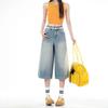 Trendy Summer Slub Fabric Minimal Design Denim Cropped Capri Pants Loose Straight Vintage Washed Slimming Casual Trousers