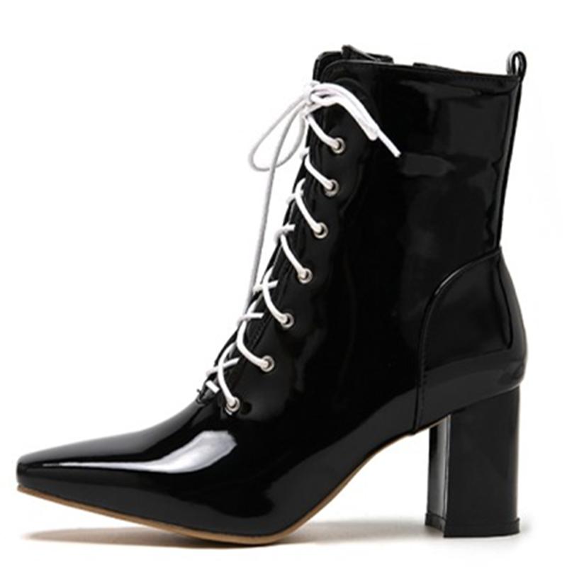 

Модные женские ботильоны большого размера 47 осень-зима из лакированной кожи, водонепроницаемые короткие ботинки, модные красные белые мотоциклетные ботинки на шнуровке 38 чёрный