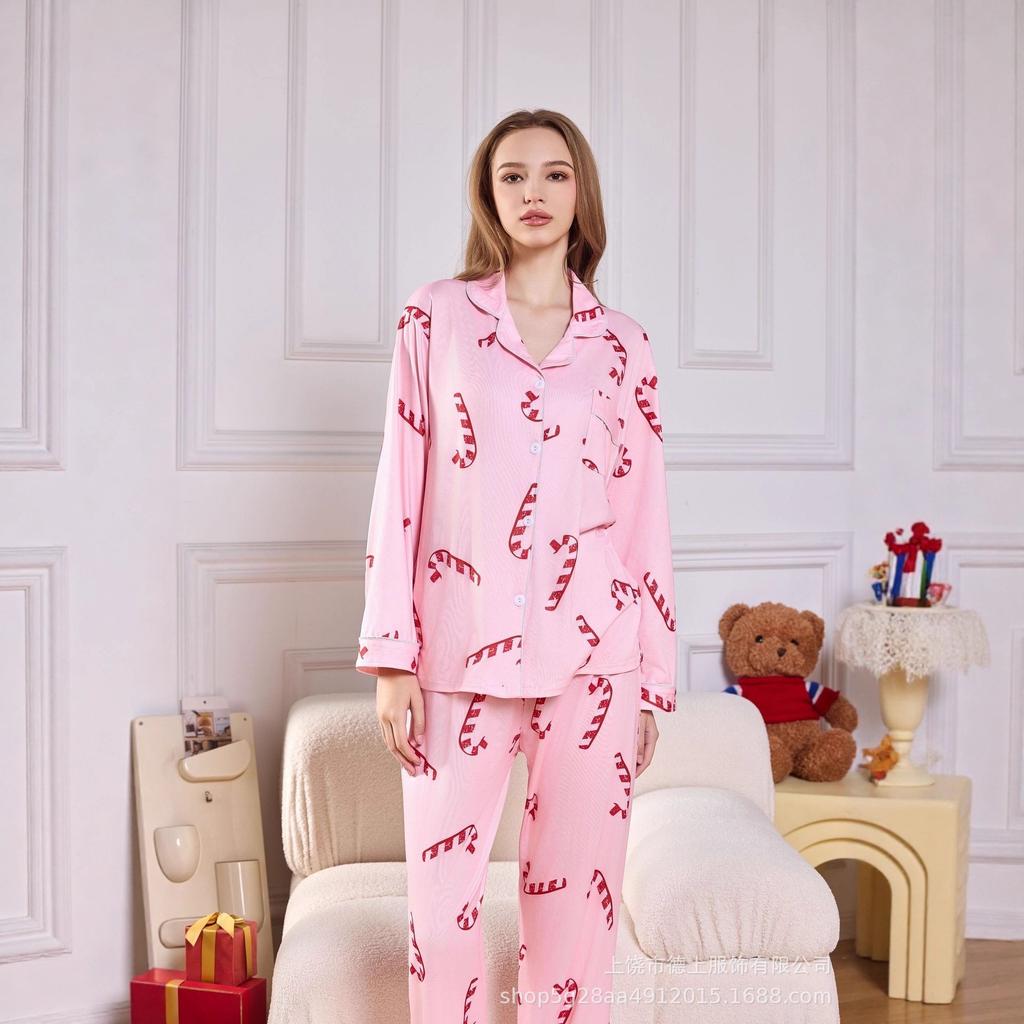 1116 European and American Women's Pajamas Christmas and New Year Printing Long-sleeved Trousers Cardigan Lapel Loose Loungewear
