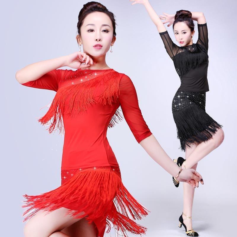 Womens Latin Dance Performance Outfit With Fringe Top Sequin Skirt Salsa Cha Stage Show