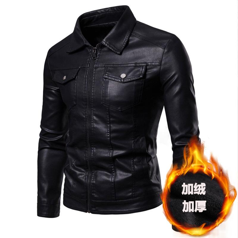 Leather jacket men's lapel neck cotton thickened men's thermal clothing cotton padded men's motorcycle fleece leather jacket tide