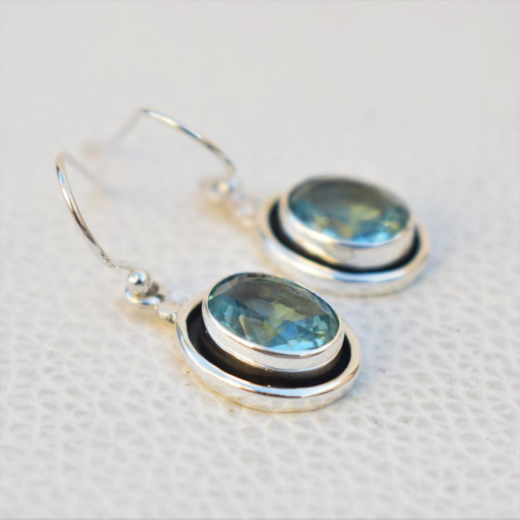 Handmade Oval Blue Topaz Earrings: 925 Sterling Silver Dangle