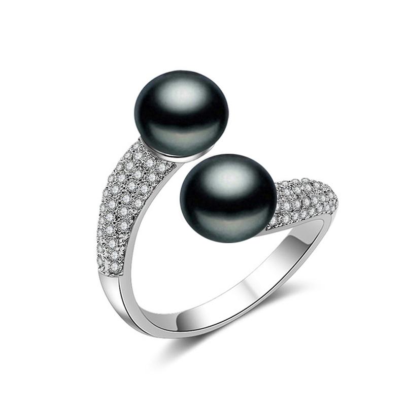 Double Pearl Rings Women Daughter Gift Bridal Black Pearl Ring