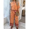 Women's Summer Print Contrasting Color Bohemian Vacation Short-sleeved Long Trousers Set