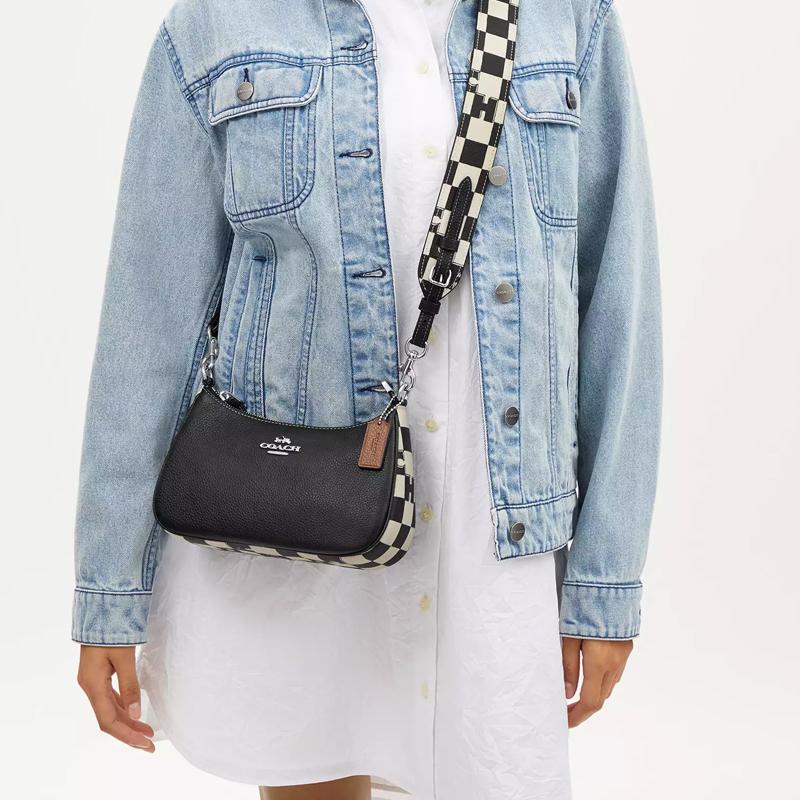 Coach Teri 24 Checkered Print Logo Zip Closure Pebble Leather Crossbody Shoulder Bag Medium Women Bags Black White CR103-SVA16