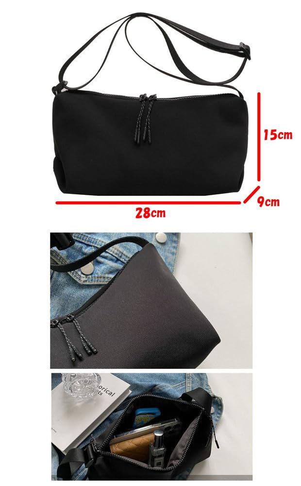 Beatus Women's Simple and Compact Shoulder Bag Made of Supple Canvas (Black) - Fits a Long Wallet