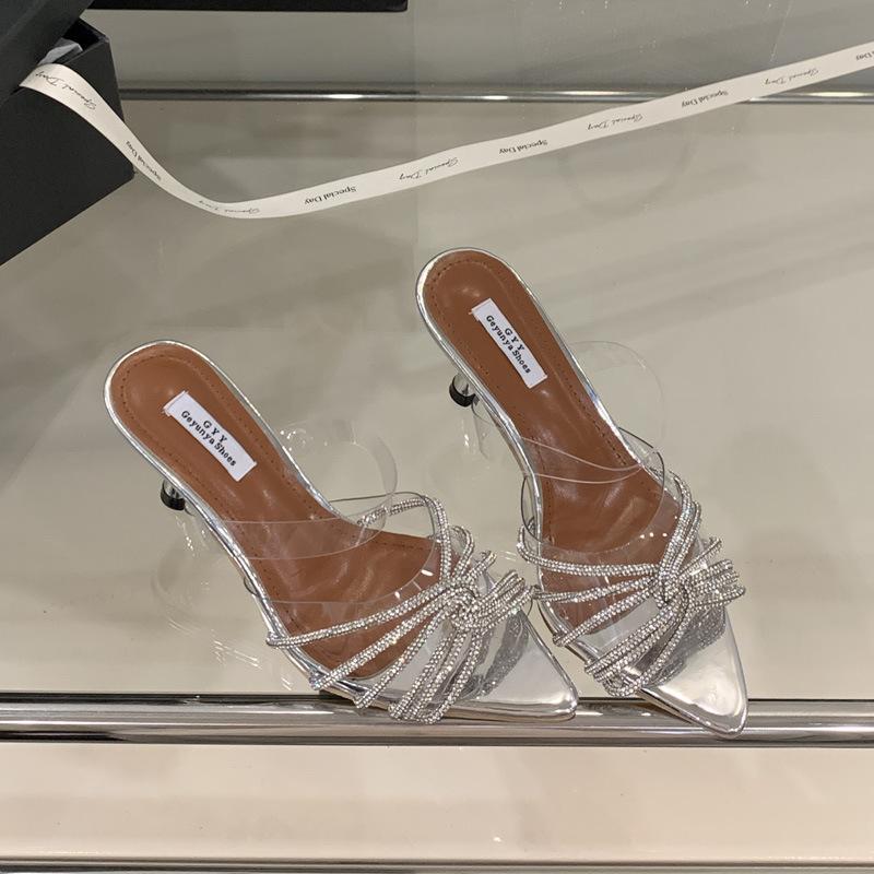 

Женская обувь лето новая мода острый носок тонкий каблук кристалл знаменитость стразы прозрачные туфли на высоком каблуке шлепанцы 39