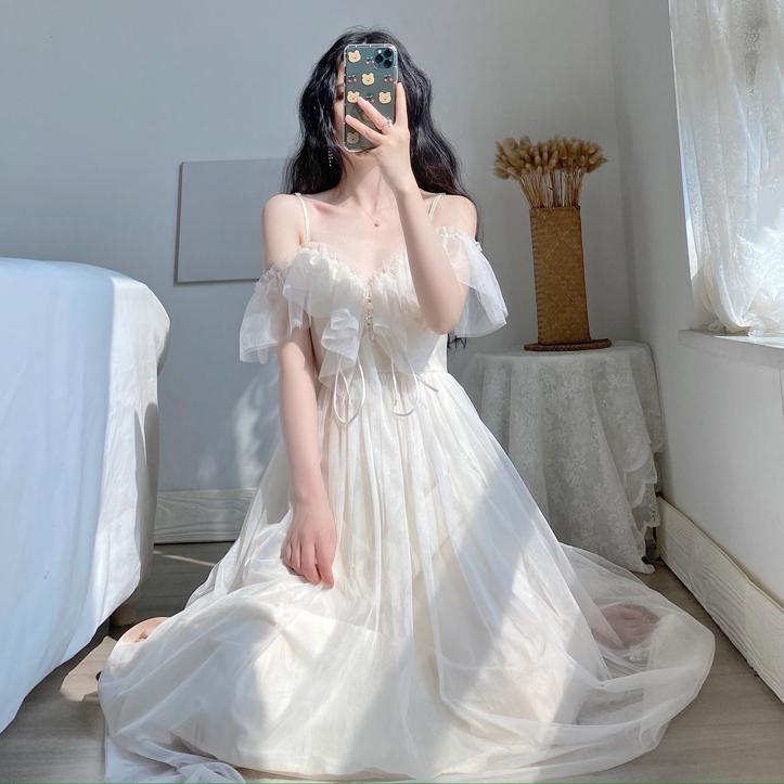 Fairy Dress First Love Gentle Style Off-shoulder Suspender Dress Ruffled Strap Mesh Dress buy the best products in the Ayzeze online store Fairy Dress First Love Gentle Style Off-shoulder Suspender Dress Ruffled Strap Mesh Dress buy the best products in the Ayzeze online store