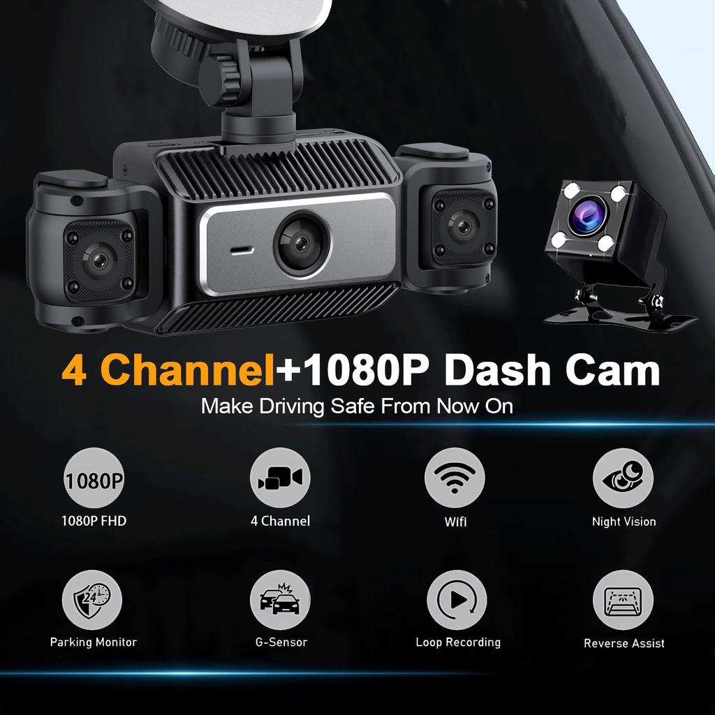 WIFI Dash Cam 4 Channel 360° Car Camera Black Box Front Left Right Rear View Car DVR Video Recorder G-Sensor 24H Parking Monitor