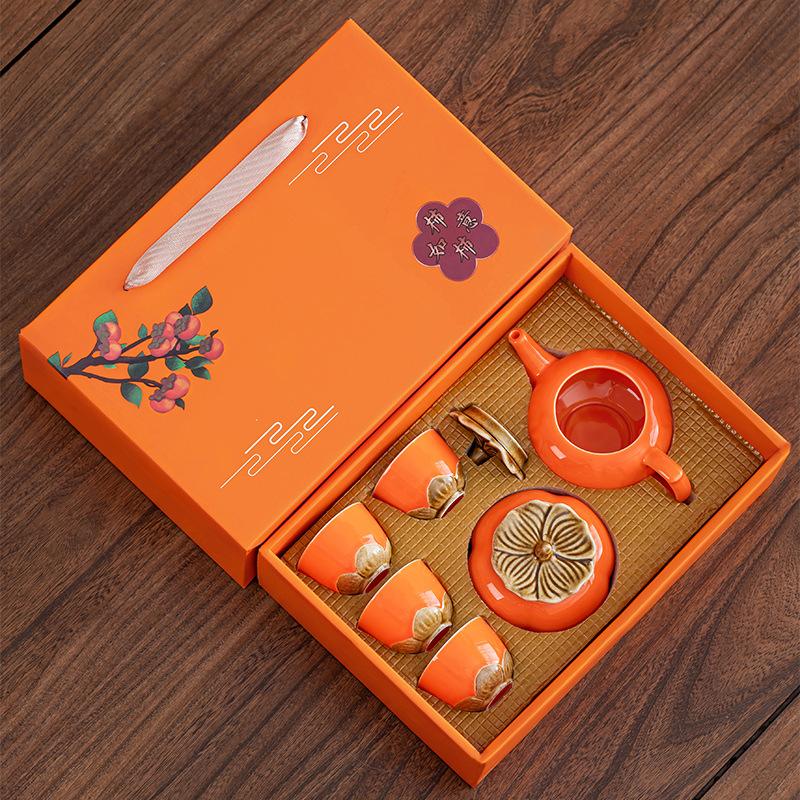 Creative activity gifts, cute wind persimmon ceramic tea set, teapot teacup for customers, business souvenir