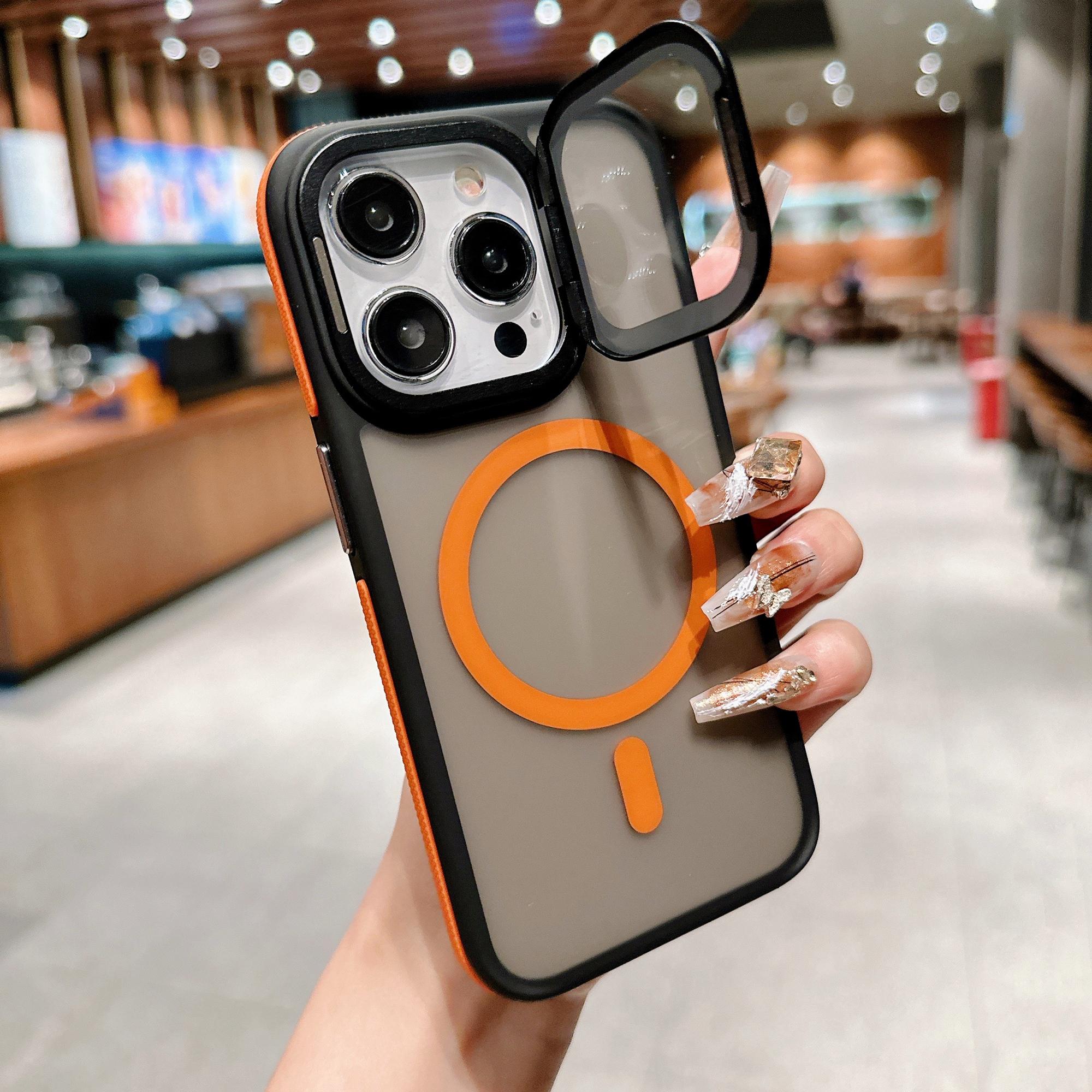 

For iPhone 15 Pro Max Magnetic Case Skin-Touch TPU Acrylic Phone Back Cover with Lens Protector Kickstand Orange
