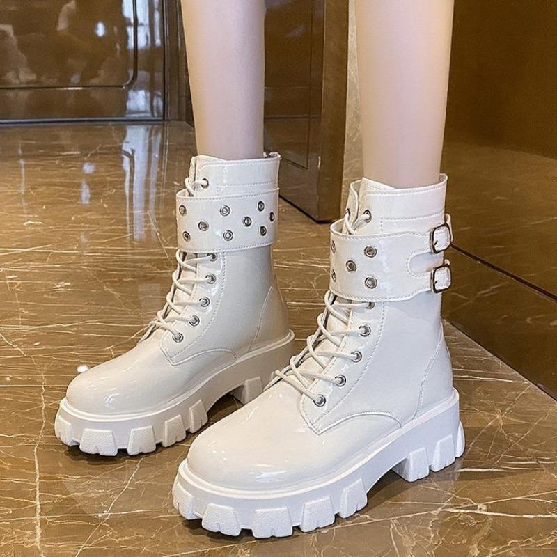 Fashion Women's Platform Patent Leather Boots Zipper Calf Short Leg Knight Boot Women Waterproof Round Toed Thick-soled Boot Botas Mujer