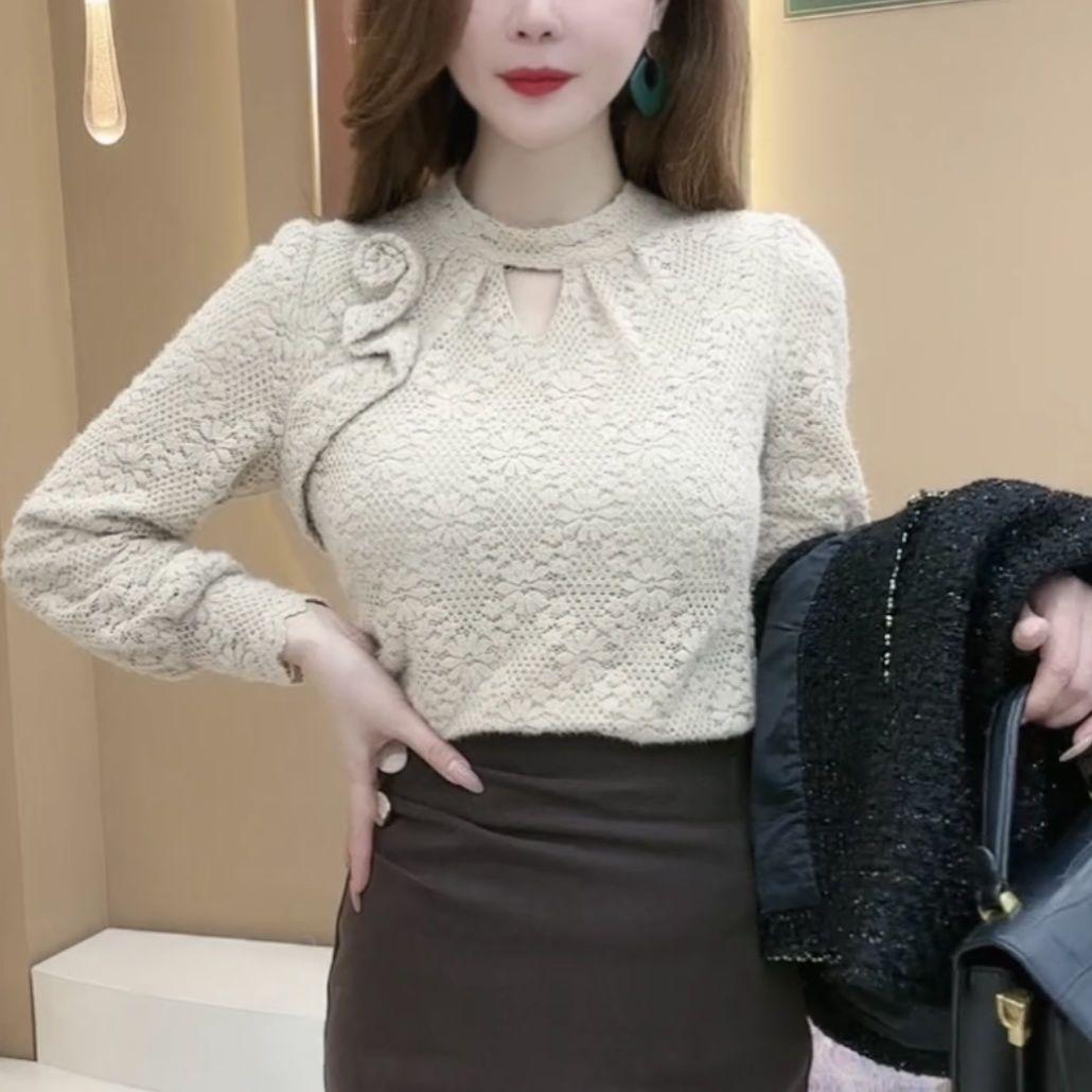 

Нижняя рубашка женская с подкладкой, утолщенная кружевная нижняя часть с длинными рукавами, осенне-зимний шикарный дизайн, ажурная блузка 3XL