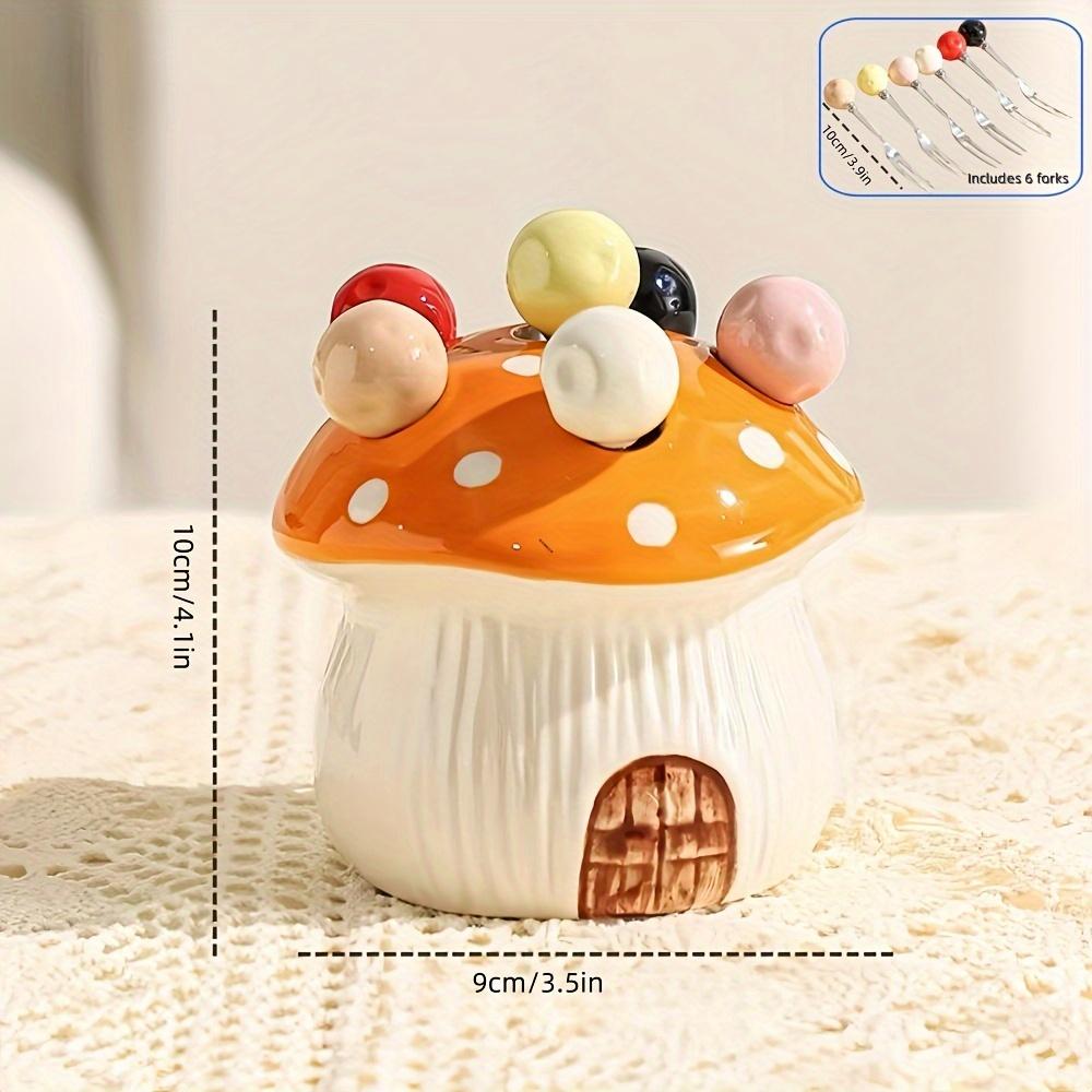 

1 набор из 7 предметов, включая 6 вилок и 1 подставку, керамический набор десертных фруктовых вилок в форме гриба, из нержавеющей стали 304, подходит для фруктов, десертов оранжевый