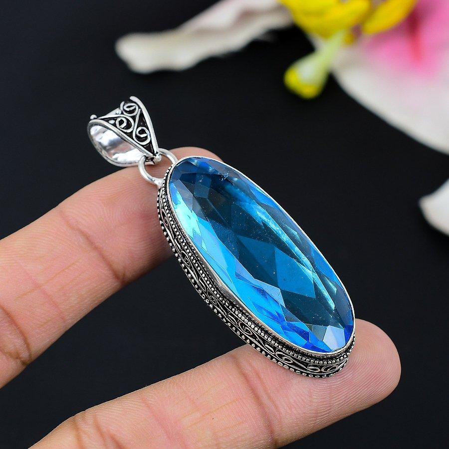 Blue Topaz Gemstone Handmade 925 Sterling Silver Jewelry Pendant 2.48" KG-97