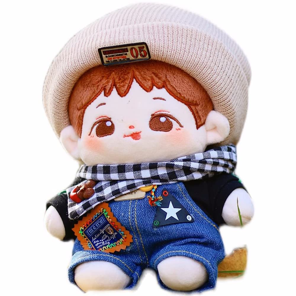 Niannyyhouse 20cm Plush Clothes Black Checkered Knit Bibbed Loose Cotton Doll Clothes Set, Forest, Scarf, Hat, Glasses, Hoodie, Pants, Fit, (20cm)