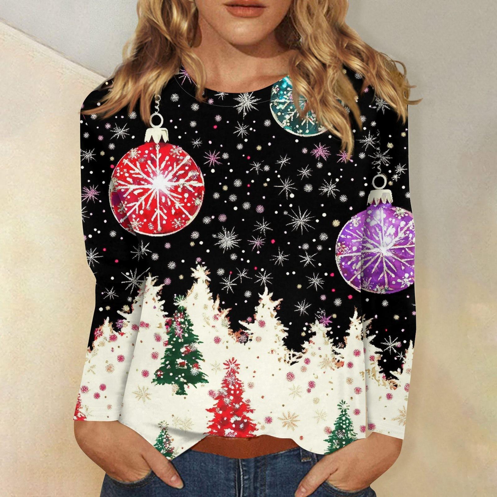 

Женская мода повседневная рождественская печать круглый вырез длинный рукав декоративная футболка топ XXXXXL бежевый