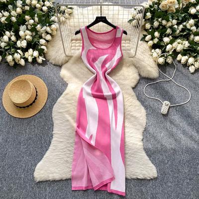 Summer Women Sleeveless Striped Knitted Sweater Office Work Slim Bodycon Split Dresses