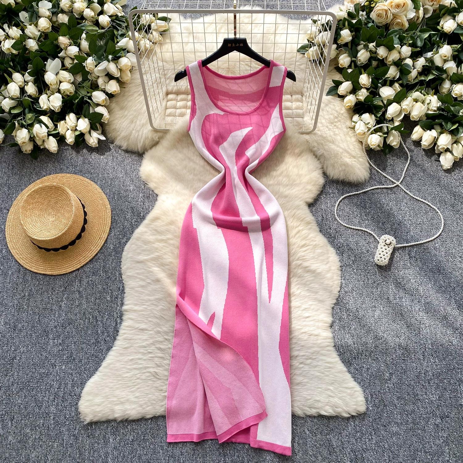 

Летний женский вязаный свитер без рукавов в полоску, офисный, облегающий, с разрезом One Size чёрный