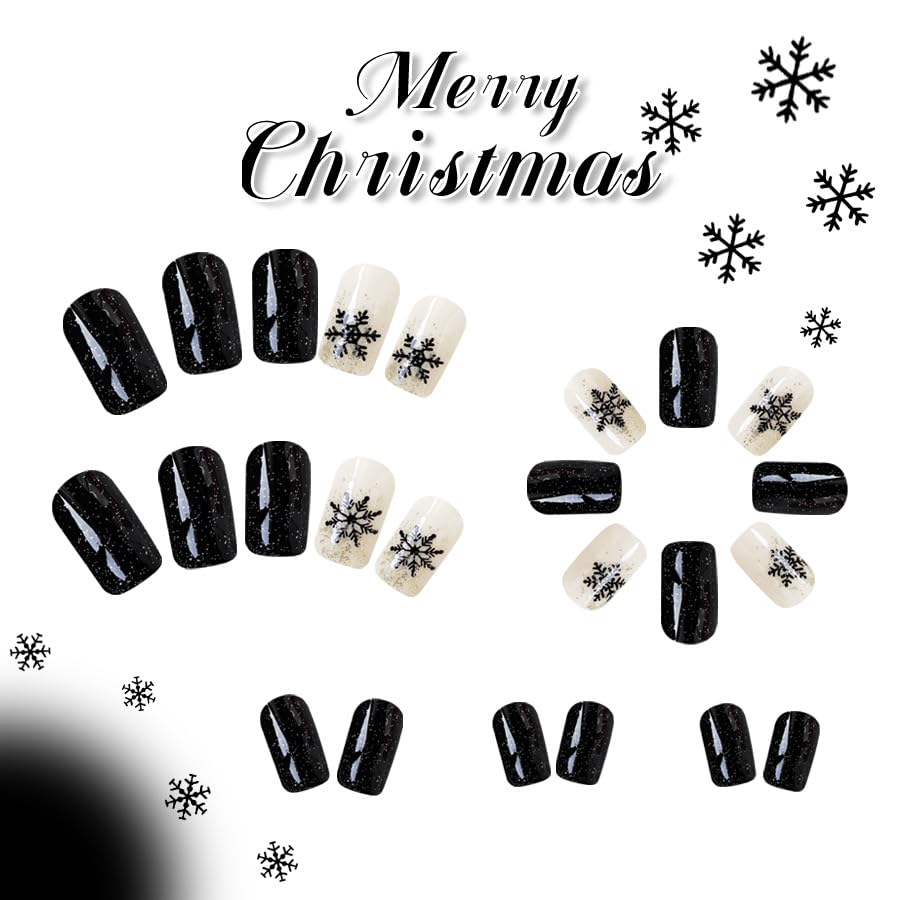 Christmas Press on Medium Square Fake Nails With Black Snowflakes Design - Glossy Glue on Winter Xmas Full Cover Acrylic Artificial Bling Gold