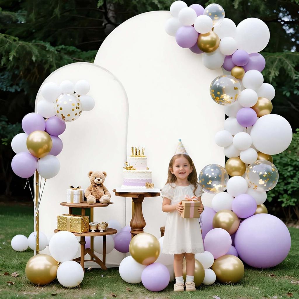 Arch Backdrop Stand, Set of 2, 2.2 m and 1.8 m, Stable Structure, Easy Assembly, Gold Metal Arch Backdrop Stand with Cover for Wedding, Birthday