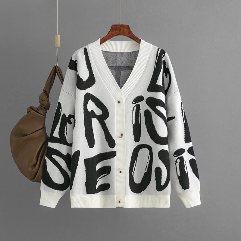 Women Letter Print Cardigan Knit Button Down Long Sleeve Open Front Sweater New Fall Winter Fashion