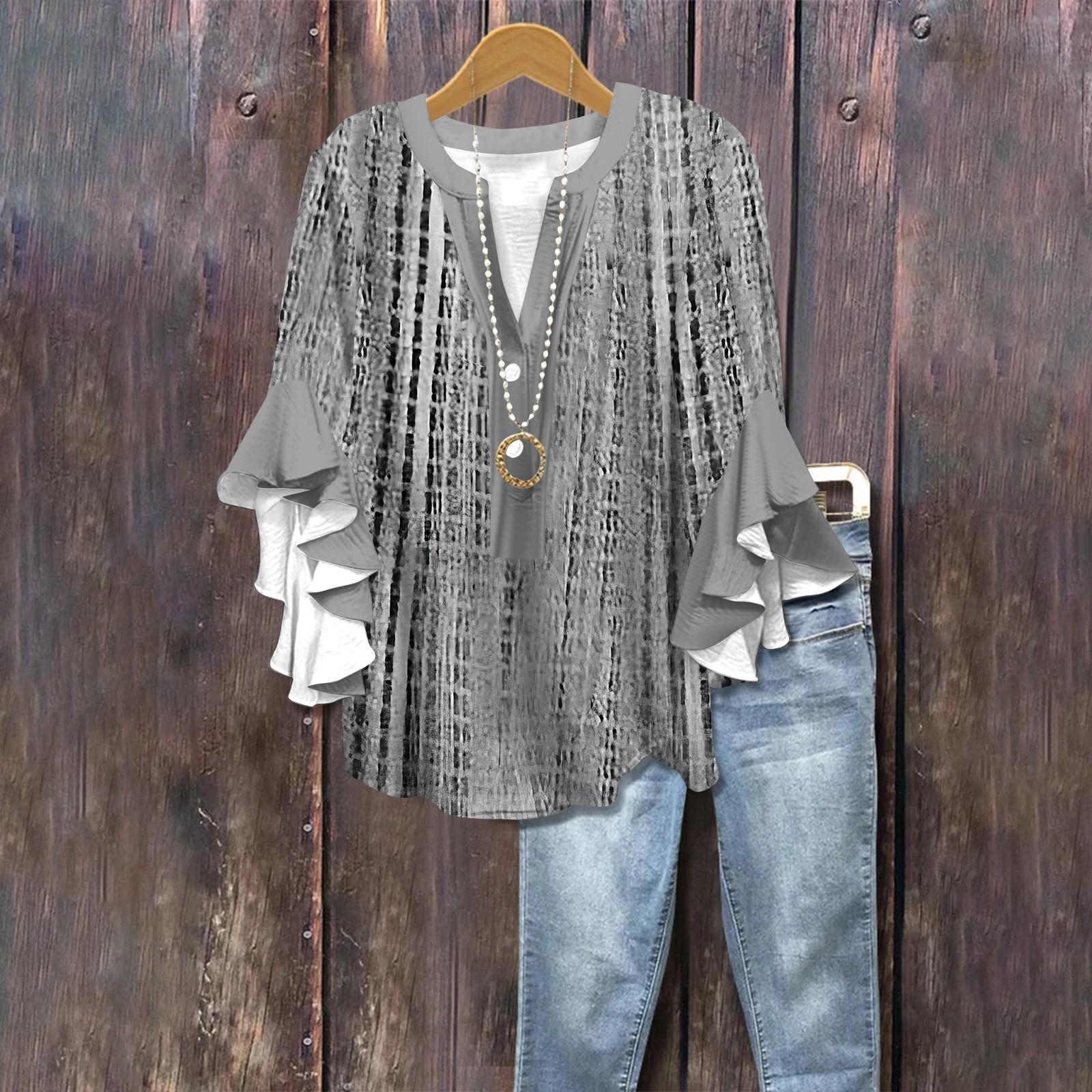 

Летние топы для женщин, симпатичные блузки с V-образным вырезом и рукавом 3/4, повседневные рубашки с цветочным принтом XL светло-серый