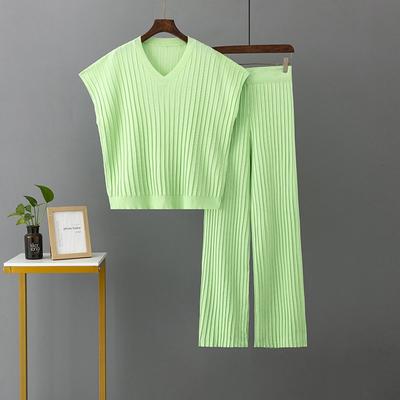 Traje de moda Talla grande cuello de jersey suelto color liso top + pantalones de pierna ancha plisados conjunto de dos piezas de punto para mujer