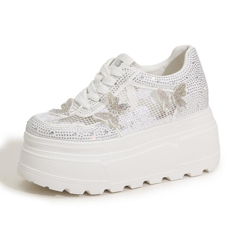 Platform White Shoes Women's 2025 Spring and Summer New Inner Height Increase Women's Shoes Hollow Breathable Mesh Sandals Versatile Casual Shoes