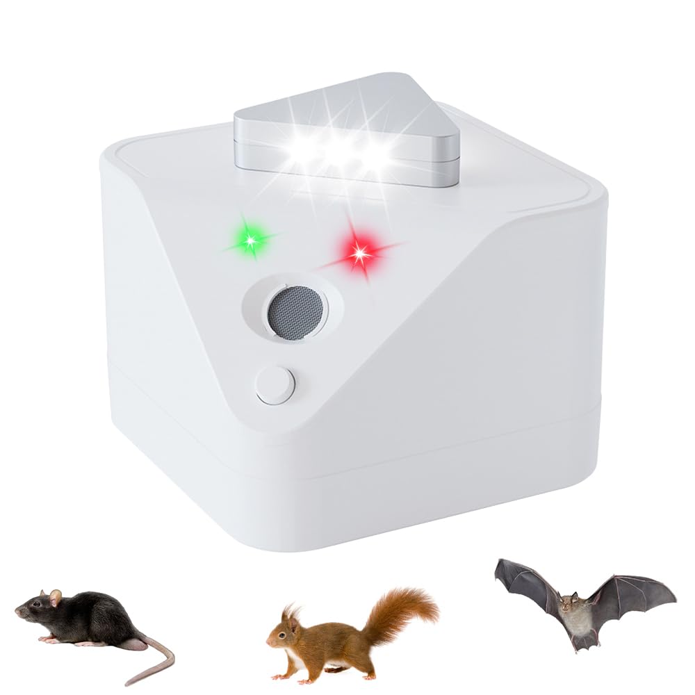 HUAJUN Indoor Ultrasonic Mouse and Insect Roaches Quiet Ultrasonic Mouse Repellent with USB Rechargeable Strobe Light for White Repellent, Non-Toxic,