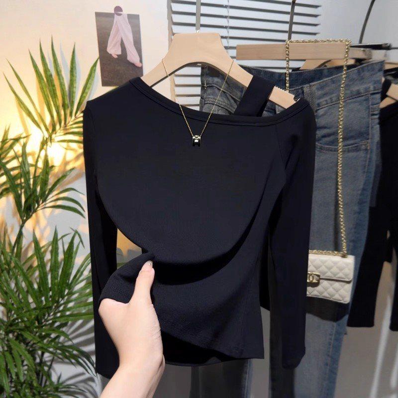 Women's Autumn Plus-Size Off-Shoulder Long-Sleeve Black Slimming Cotton T-Shirt