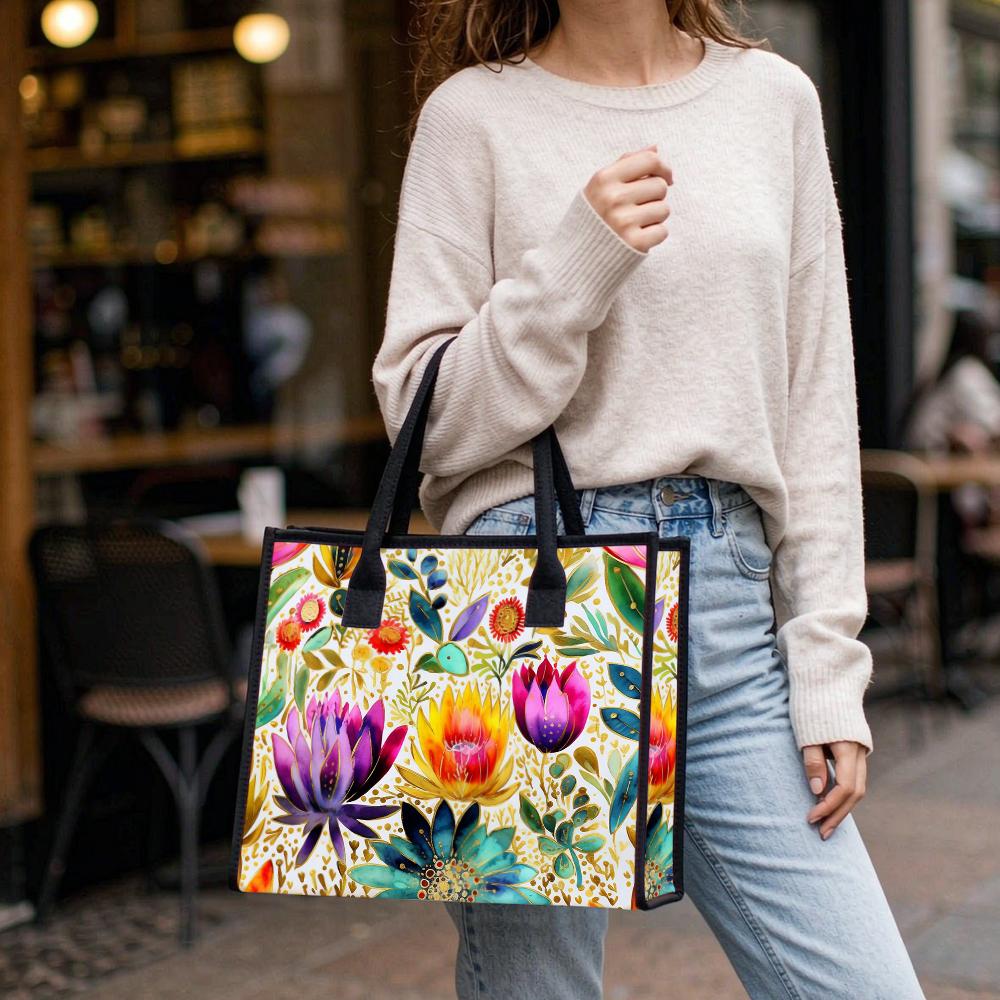 Boho Floral Print Casual Canvas Tote Bag Reusable Lightweight Women Daily Handbag