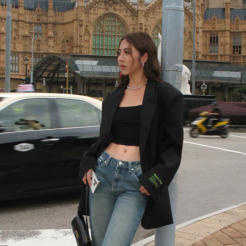 Women Blazer Lapel Solid Color Loose Long Sleeve Suit Jacket Fashion Office Lady Legant Wide Shoulder Commuting Jacket Summer Autumn