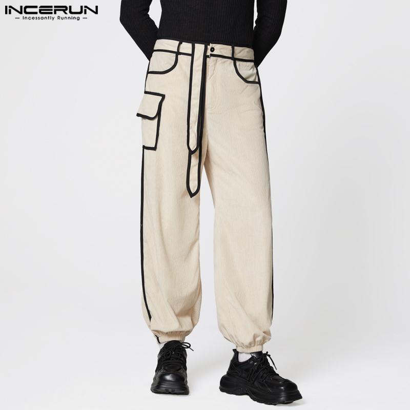 INCERUN Autumn Men Casual Zip-up Waist Stitching Lace-up Corduroy Long Harem Pants Trousers 