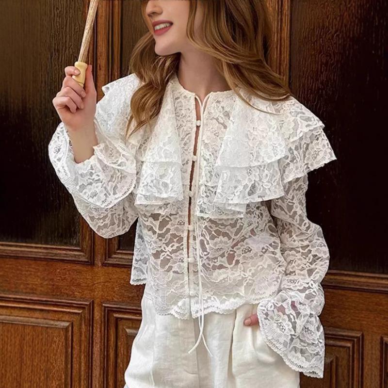 Women S Lace Long Sleeve Double Layer Collar Shirt Elegant Commute