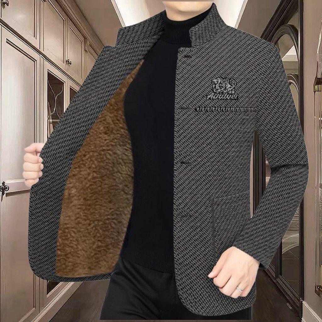 Men's Mid-aged Stand Collar Plush Woolen Jacket - Thickened, Casual, Versatile Coat