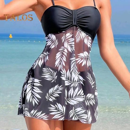 2Pcs/Set Women Summer Swimsuit Set Adjustable Straps Print Mesh Hem Bandeau Tops High Waist Swim Shorts Set