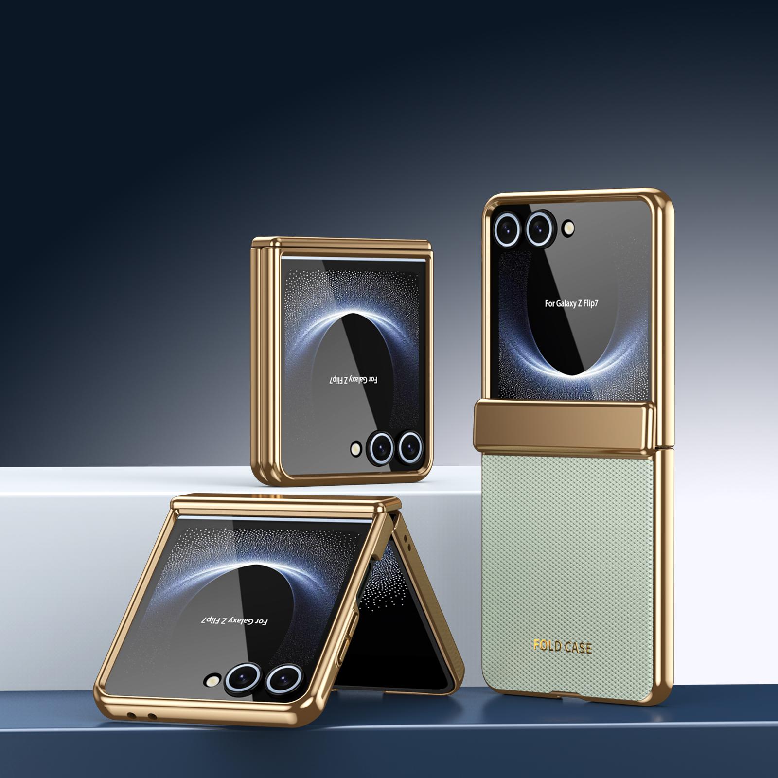 Husă din Piele Naturală cu Model Diamant Electroplacată Pentru Samsung Galaxy Z Flip 7 6 5 4 3 Protecție Balama și Cameră Capac Călit Galaxy Z Flip7 FE cian