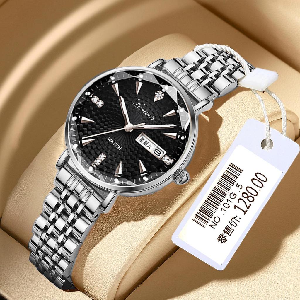 Swiss English-Chinese Women's Watch: Fashionable Butterfly Buckle, Luminous, Waterproof, Stainless Steel Band, Calendar Feature.